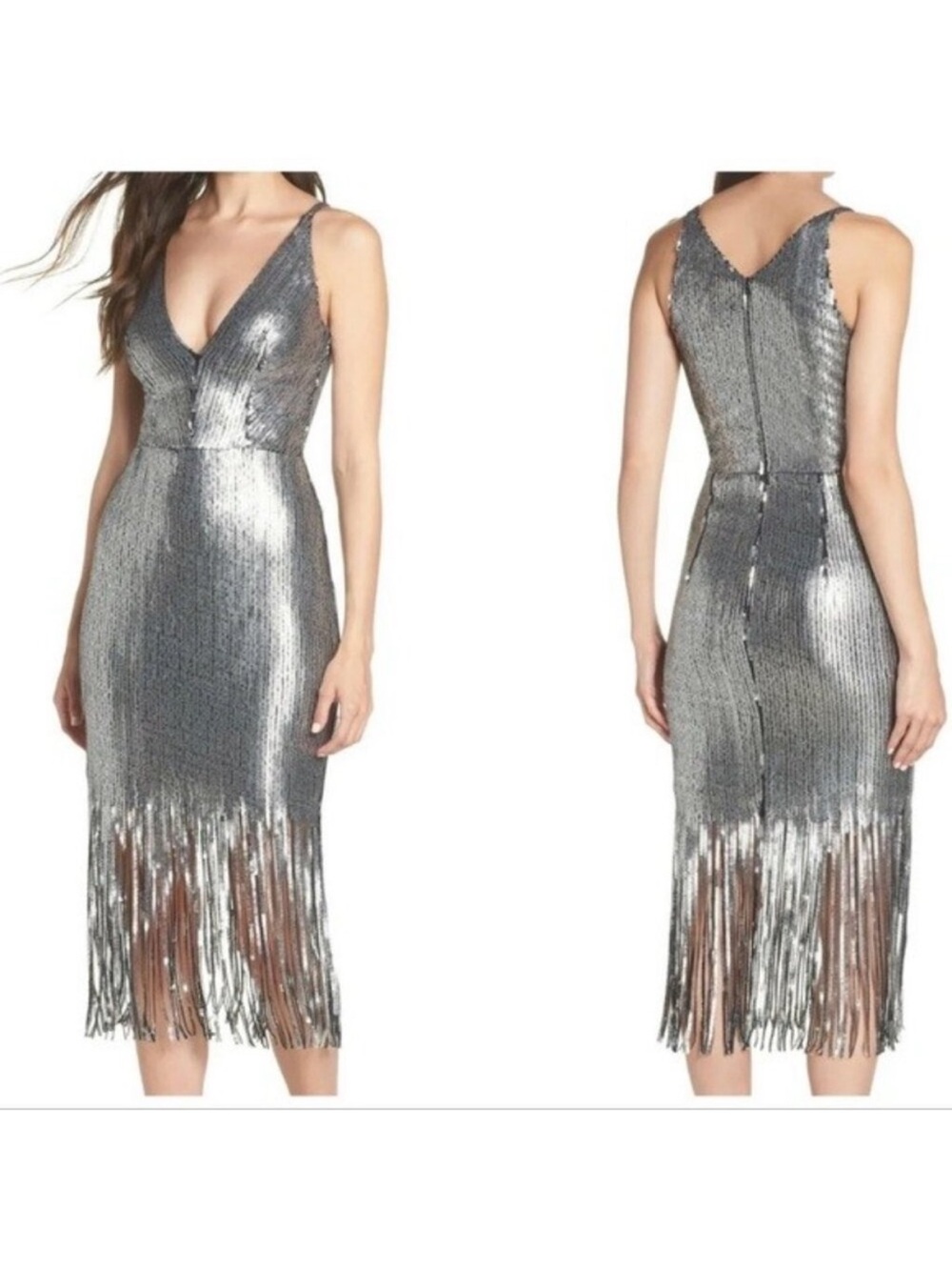 Dress the Population Frankie Silver Sequin Fringe V-Neck Midi
